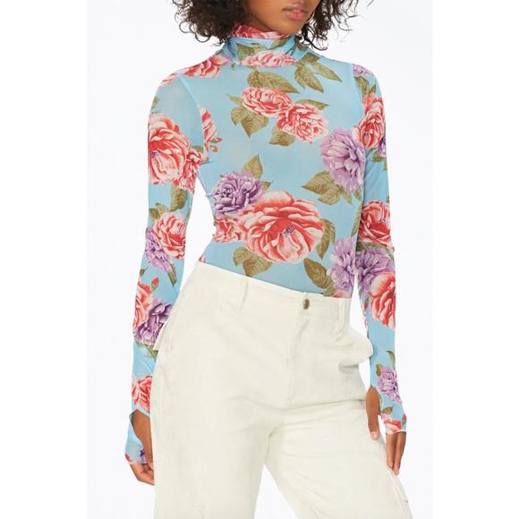 NEW AFRM zadie power mesh turtleneck top in blue bouquet - Picture 3 of 3